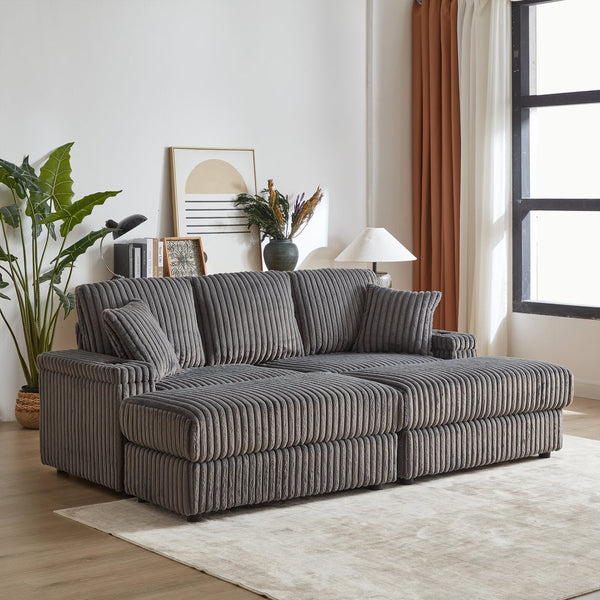 English Elm 84Inch Corduroy sofa with deep seats, 3 back pillows, 2 toss pillows, ottomans, cup grooves, storage Grey W834S00358