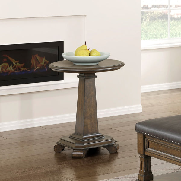 English Elm Classic Chairside Table with Fluted Pilasters, Glass Door, Adjustable Shelf and Built-In Charging Ports Brown 25.5 L x 25.5 W x 17 H B011P387121