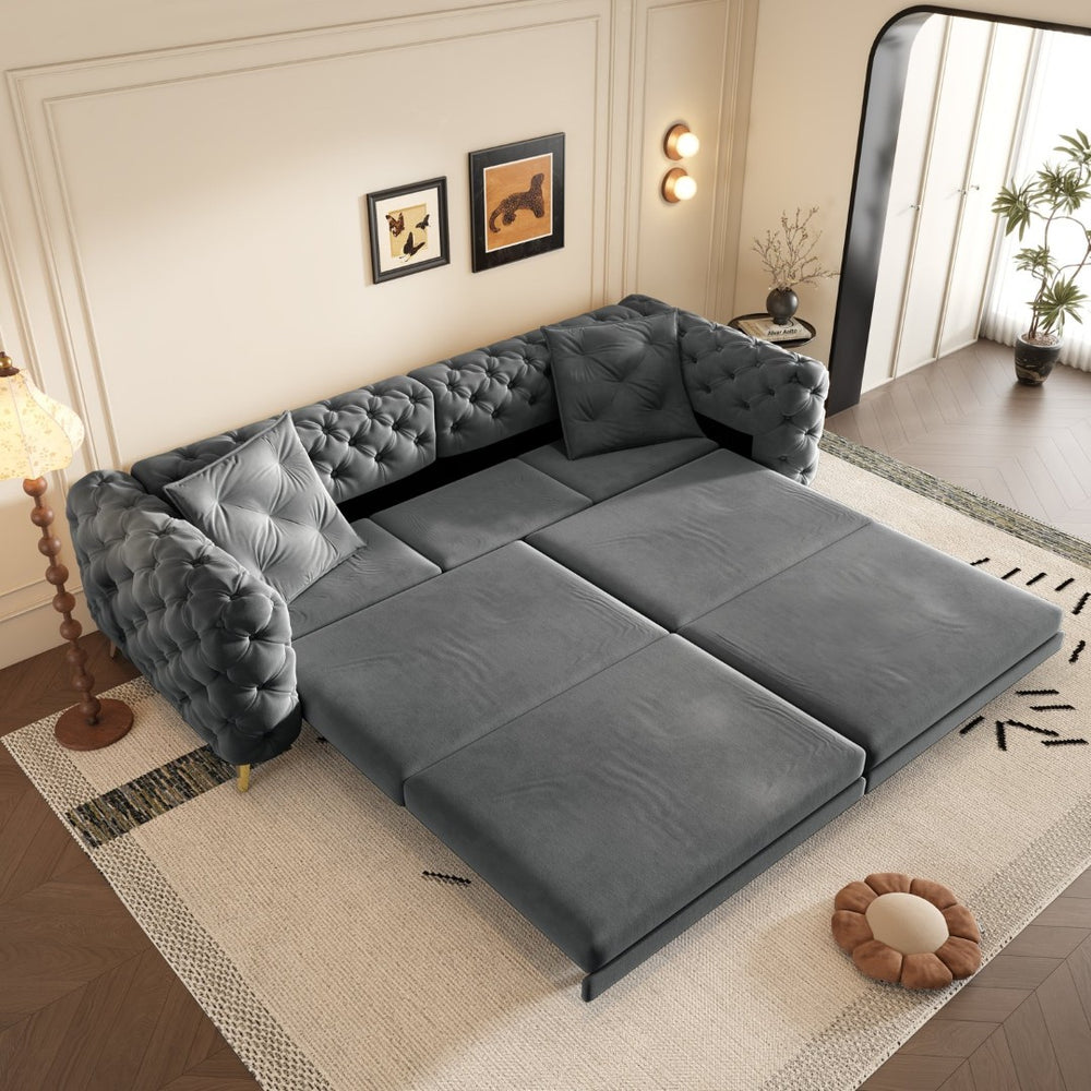 English Elm 97.6" Oversized Velvet Chesterfield Sleeper Sofa Floral Tufted Roll Arm Living Room Couch Dark Grey W1885S00411