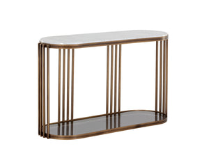 Sunpan Naxos Console Table - Elegant Carrara Marble Top & Rustic Bronze Frame, Perfect for Any Space!