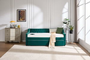 English Elm Twin Velvet Daybed with Pull Out Trundle Tufted Back Usb Port and Side Pockets Emerald W1361S00038