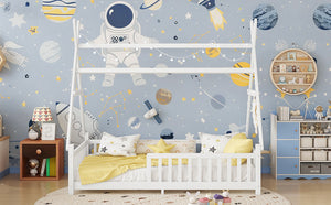 English Elm Twin House Bed with Roof and Guardrails, Low Floor Kids Playhouse Bed with Tent and Lights, Cozy Design White 80.91 L x 15.55 W x 6.5 H W2593P296909