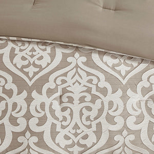 English Elm 8 Piece Jacquard Comforter Set - Luxurious Tan/Ivory Queen Ensemble With Elegant Medallion Design B035128885