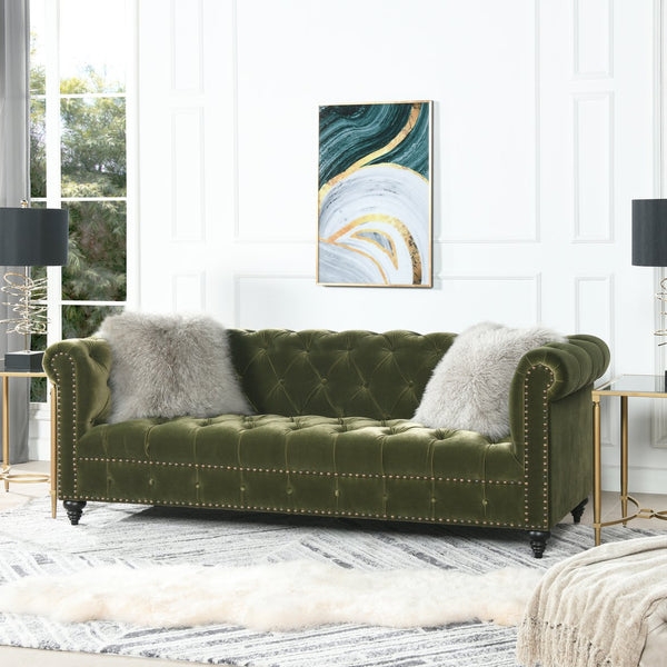 English Elm Jennifer Taylor Home - Alto Handcrafted 88" Tufted Chesterfield Sofa in Olive Performance Velvet with Nailhead Trim and Supportive Frame B2719P238299