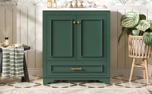 English Elm 30" Elegant Bathroom Vanity with Ceramic Sink, French-Inspired Compact Cabinet with Drawer & Shelf Green N710P317676F