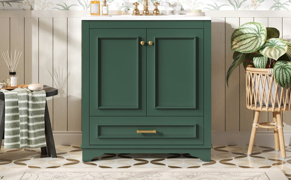English Elm 30" Elegant Bathroom Vanity with Ceramic Sink, French-Inspired Compact Cabinet with Drawer & Shelf Green N710P317676F