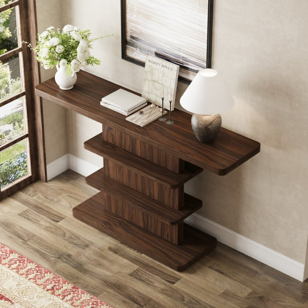 English Elm 63"vintage Walnut Console Table Two Open Shelves Slim Hallway Living Room Accent W757P399696