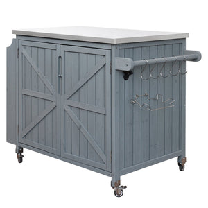 English Elm K&k Rolling Outdoor Kitchen Island Solid Fir Wood Stainless Steel Top Storage Cabinet Grey+Blue N707P370287G