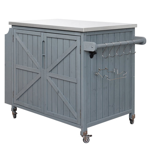 English Elm K&k Rolling Outdoor Kitchen Island Solid Fir Wood Stainless Steel Top Storage Cabinet Grey+Blue N707P370287G