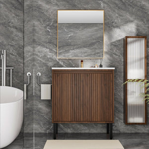English Elm 30 Inch Floating Bathroom Vanity Matte Brown Wall-Mount MDF with Large Drawers Durable Storage PMID W3520P349558