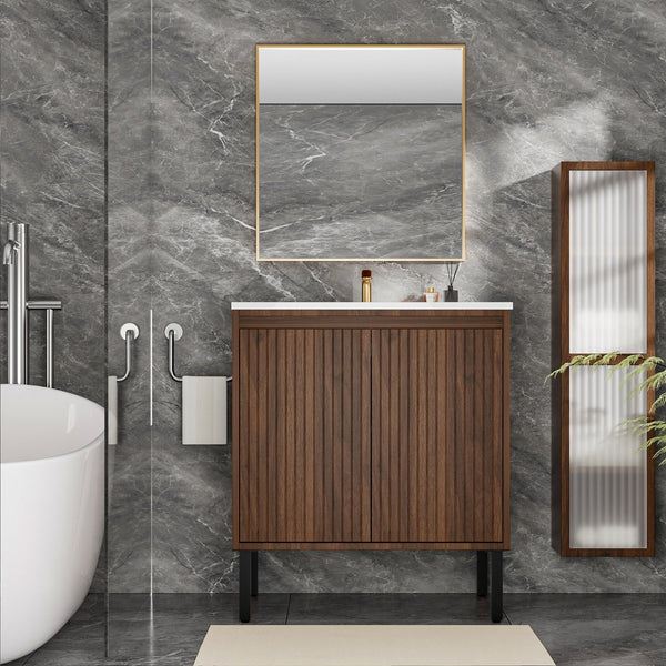 English Elm 30 Inch Floating Bathroom Vanity Matte Brown Wall-Mount MDF with Large Drawers Durable Storage PMID W3520P349558