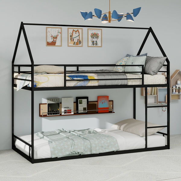 English Elm Metal Twin over Twin Bunk Bed Sturdy Heavy-Duty Frame with Silent Slats, 13" Guardrail & Ladder Black W1935P330797