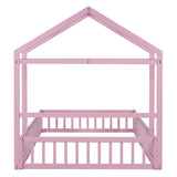 English Elm Wooden Floor Bed With Fence Railings and Detachable House Shape Headboard,Full Size Bed With Kids Dress Up Rack, Kids Montessori Style Playhouse Frame For Girls Boys, Pink