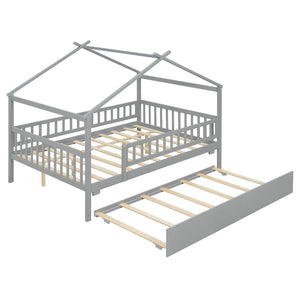 English Elm Full Size Pine House Bed with Roofline Frame and Roll Out Twin Trundle for Kids Gray LP100306AAE