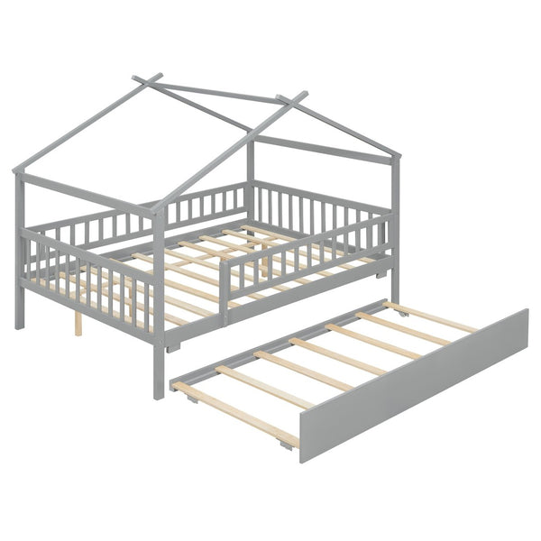English Elm Full Size Pine House Bed with Roofline Frame and Roll Out Twin Trundle for Kids Gray LP100306AAE