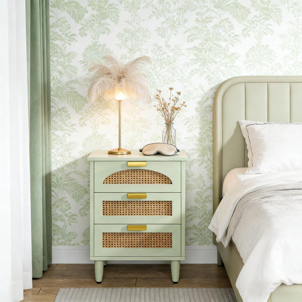 English Elm Rattan Three Drawer Nightstand Hand Woven Farmhouse Accent Table for Bedroom or Living Room T3971P453647
