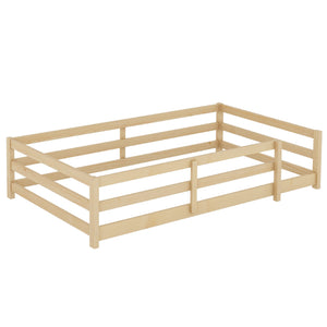 English Elm Twin Pine Montessori Floor Bed for Kids with Safety Fence, Low Profile Twin Frame, Natural Finish W1820P331919