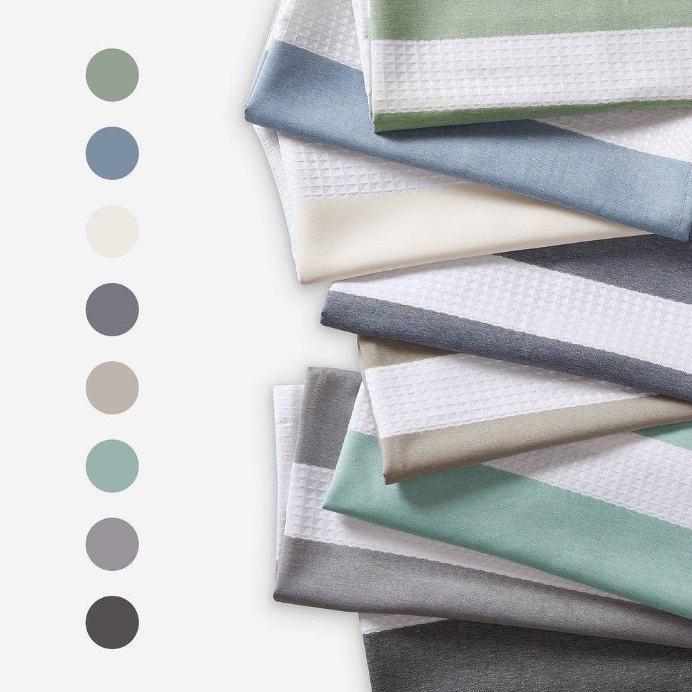 JLA Home Madison Park - Shower textured waffle curtain with modern stripe and 3M Scotchgard water-repellent finish for spa feel Blue MP70-8551