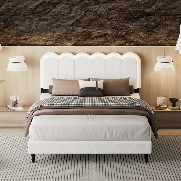 English Elm Christopher Knight Home® - Lambswool Petal Headboard Bed Frame In Cream – Elegant, Soft Design With Ambient Light For Queen Size N769P272030W