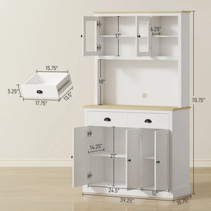 English Elm 71" Freestanding Pantry Cabinet Two-tone Oak and White Finish with Glass Doors T3971P420084