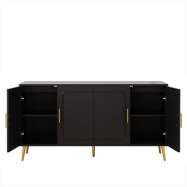 English Elm 59.84" Vintage Four-Door Cabinet with Plastic Rattan Panels, Black MDF Storage Console, Sturdy W757P203147