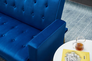 English Elm SOFA Velvet Convertible Sofa Bed with Golden Legs, Solid Wood Frame, Compact Design for Small Spaces Dark Blue B205P246427