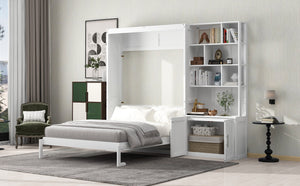 English Elm Full Full Size Murphy Bed with Hidden Cabinet, Multiple Shelves, Space-Saving White Design, 600lb Capacity GX000383AAK