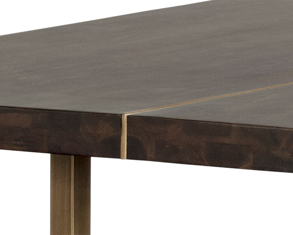 Sunpan Donnelly 95" Rustic Dining Table with Smoked Acacia Wood Top & Antique Brass Frame for Elegance