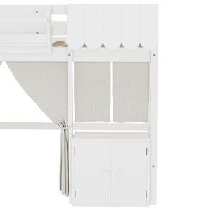 English Elm Full Loft Bed With Bookshelf & Storage - Amusement Park Design, Safety Guardrails, Cozy White Finish W1580S00358