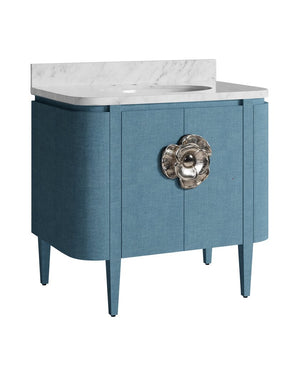 Currey & Company Briallen 36" Vanity With Elegant Carrara Marble Top And Polished Nickel Brass Flower Pull Storage Solutions Blue White Oak Solids & Veneer ,Carrara Marble ,Viterous China ,Brass 3800-0015-currey-company