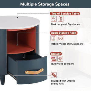 English Elm Christopher Knight Home® - Contemporary Round Nightstand with Drawer & Open Shelf, Curved Bedside Table with Leather Handles Blue 22 L x 22 W x 19.75 H N761P285708C