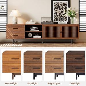 English Elm 78 Inch Walnut Media Console with Slatted Doors Solid Wood Legs and Cable Management N710P374705P