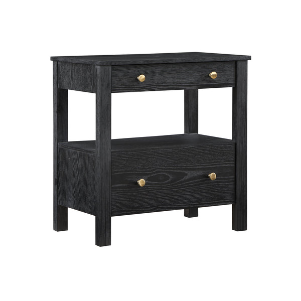 English Elm Danielle Modern 2-Drawer Nightstand in Black Oak Veneer with Gold Knobs, Smooth Glides & Shelf B050P376972