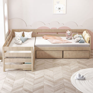 English Elm Twin L-Shaped Platform Bed with Three Spacious Drawers, Solid Pine & MDF, Clean-Lined Design Natural N7090000468N