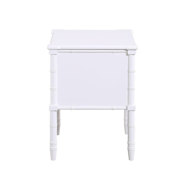 English Elm Emmett carved bamboo nightstand with 2 full‑extension drawers, brass knobs and floor‑protecting glides White B050P376943