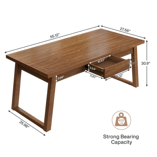 English Elm Rectangular Walnut Dining Table with Hidden Drawer and Tapered Solid Wood Legs Seats Six T3971P447210