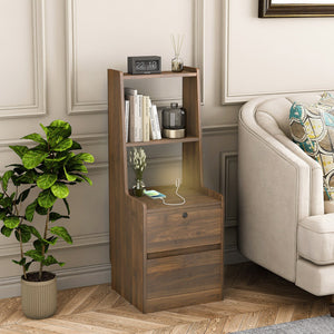 English Elm Nightstand with Charging Station, Voice-Control Night Light, Lockable Cabinet, USB & AC Ports, Modern Woodhelves W1321P204522