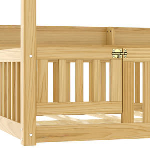 English Elm Twin House Floor Bed with Door and Full-Length Guardrails, Solid Wood Double Twin Floor Bed for Kids' Playful Rooms Natural W1580P359329