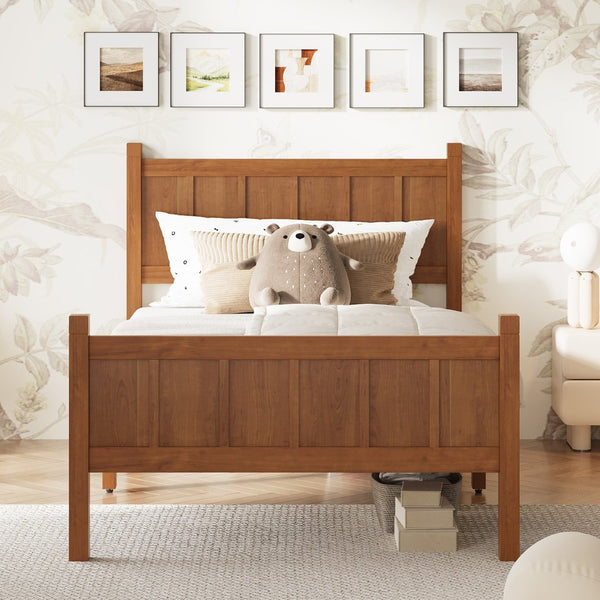 English Elm Twin Platform Bed Vertical Slat Headboard Farmhouse Shaker Wood Grain Finish Bedroom Walnut N733P422478D