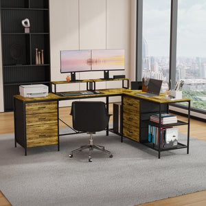 English Elm 114" L-shaped Industrial Gaming Desk with Power Hub 6 Drawers and Rustic Steel Frame T2398P438828