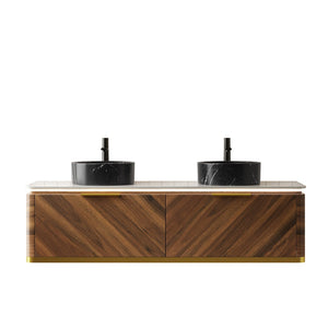 English Elm Dina 60 Inch Floating Bathroom Vanity Sintered Stone Top Dual Glass Basins Wood Grain W2615S00577