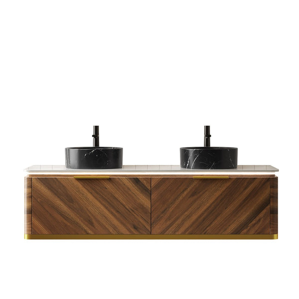 English Elm Dina 60 Inch Floating Bathroom Vanity Sintered Stone Top Dual Glass Basins Wood Grain W2615S00577