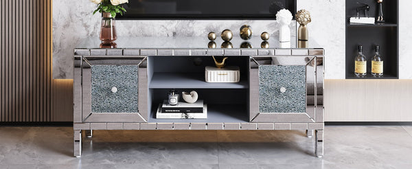 English Elm 60" Mirrored TV Stand with Crushed Diamond Doors, 64" Solid Wood Media Console w/ Open Shelves & Antique Silver Glam Storage W1445P301422