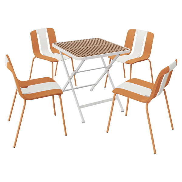English Elm 4-Pack Modern Striped Color Block Chairs with 55" Long Table — Waterproof PP Seats, Rustproof Metal Frame Beige,khaki,Tropical Orange,White W3450S00042