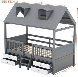 English Elm Twin House Bed Solid Wood Frame with Skylights Ladder Storage Drawers Kids Room Gray LP000465AAE-2