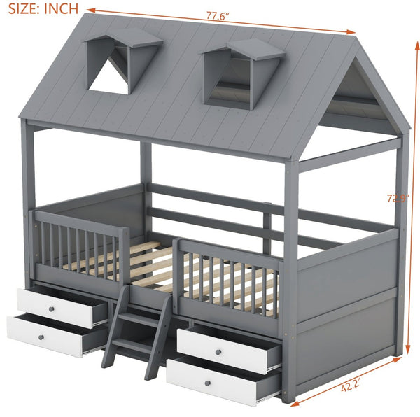 English Elm Twin House Bed Solid Wood Frame with Skylights Ladder Storage Drawers Kids Room Gray LP000465AAE-2