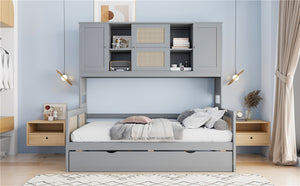 English Elm Twin Size Wooden Daybed With Trundle, Integrated Storage Cabinet & Shelves In Elegant Gray Finish N820S00048E-GIGA