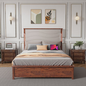 English Elm Queen Size Bed Frame with Upholstered Headboard, LED Lighting & USB Charging, Rivet Trim, No Box Spring Needed Beige W636P176805