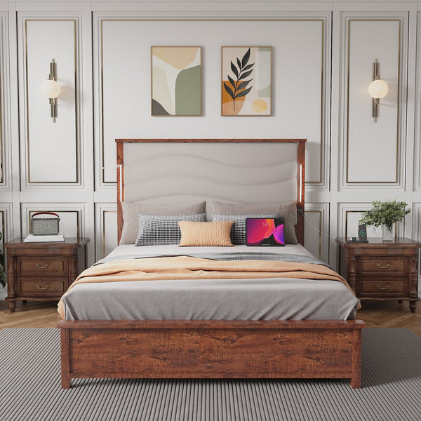 English Elm Queen Size Bed Frame with Upholstered Headboard, LED Lighting & USB Charging, Rivet Trim, No Box Spring Needed Beige W636P176805