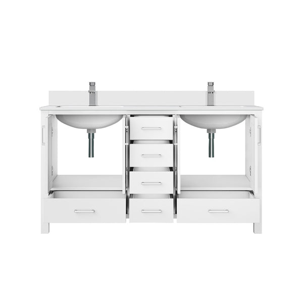 English Elm White Double Bath Vanity With Cultured Marble Top, Ample Storage & Chrome Faucet Set For Elegance B2731P259074-GIGA